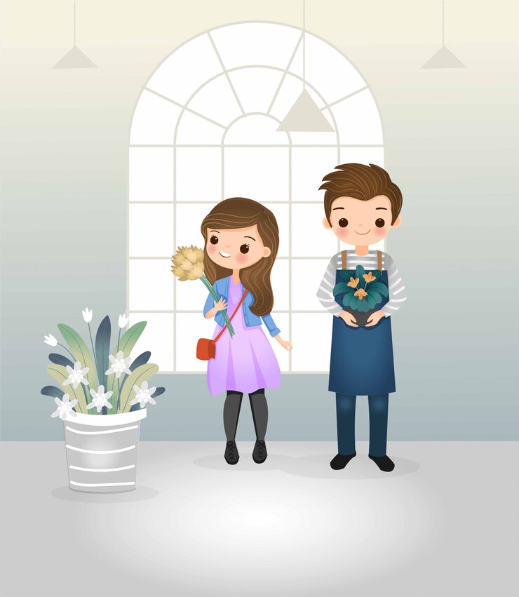 Vector lindo personaje de dibujos animados de niño y niña en la tienda de flores