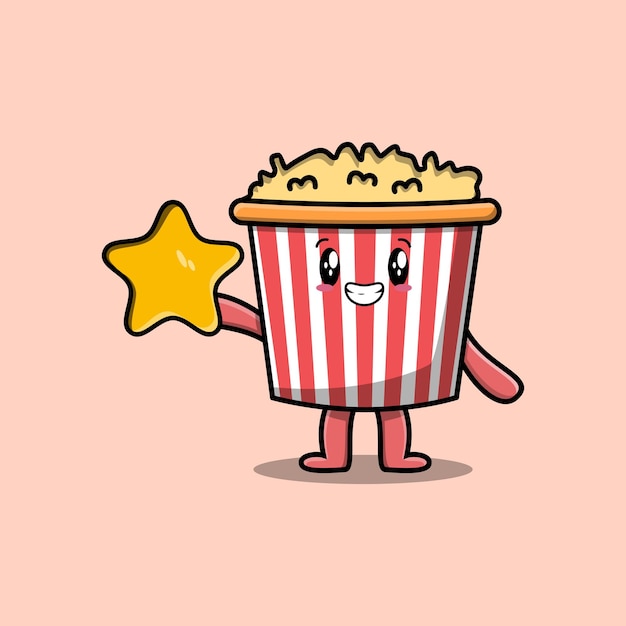 Lindo personaje de dibujos animados de palomitas de maíz sosteniendo una gran estrella dorada en una linda ilustración de diseño de estilo moderno