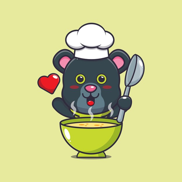 lindo personaje de dibujos animados de pantera chef mascota con sopa