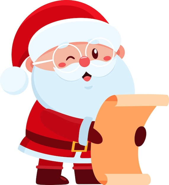 El lindo personaje de dibujos animados de Papá Noel leyendo un pergamino de papel