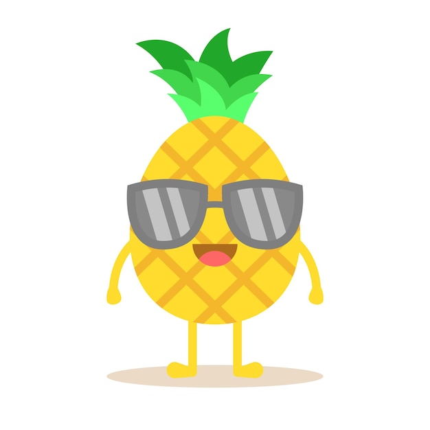 Vector un lindo personaje de dibujos animados de piña con gafas de sol una linda fruta aislada sobre un fondo blanco