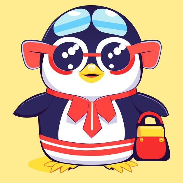 Vector lindo personaje de dibujos animados de pingüino con un traje de verano dibujado a mano plano elegante