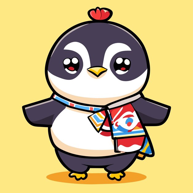 Lindo personaje de dibujos animados de pingüino con un traje de verano dibujado a mano plano elegante