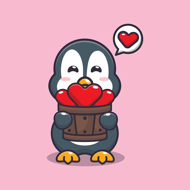 lindo personaje de dibujos animados de pingüinos sosteniendo amor en un cubo de madera