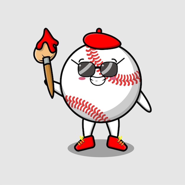 Lindo personaje de dibujos animados pintor de pelota de béisbol con sombrero y un pincel para dibujar