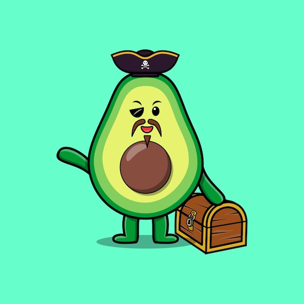 Vector lindo personaje de dibujos animados pirata de aguacate con cofre del tesoro en un diseño de estilo moderno