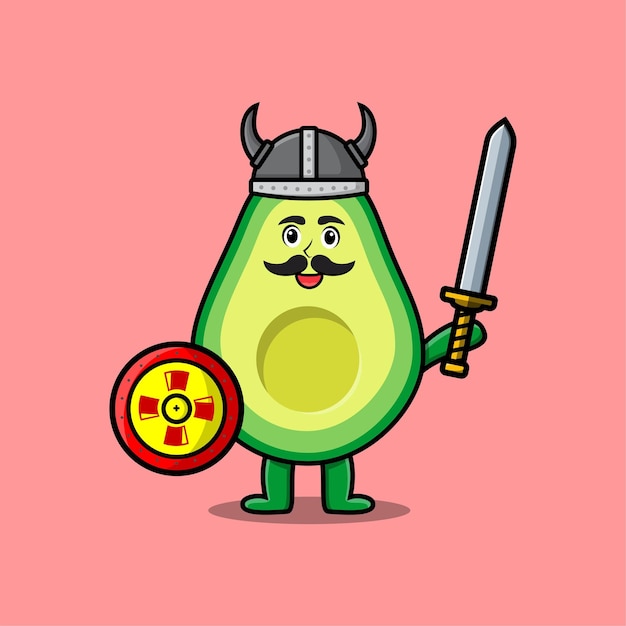 Lindo personaje de dibujos animados pirata vikingo de aguacate con sombrero y sosteniendo espada y escudo en lindo moderno