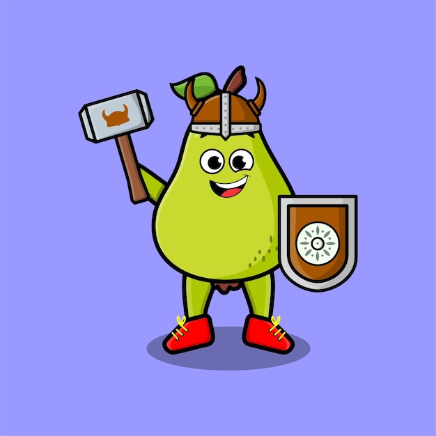 Vector lindo personaje de dibujos animados pirata vikingo de fruta de pera con sombrero y sosteniendo martillo y escudo