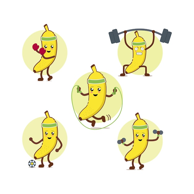 Lindo personaje de dibujos animados de plátano actividades deportivas