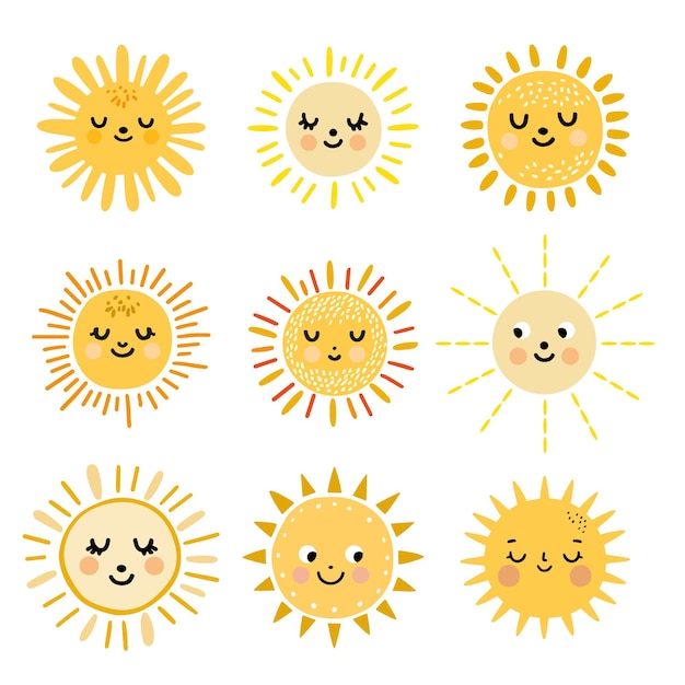 El lindo personaje de dibujos animados de la puesta de sol Happy sun bundle Sol de verano con ojos Soles al estilo boho