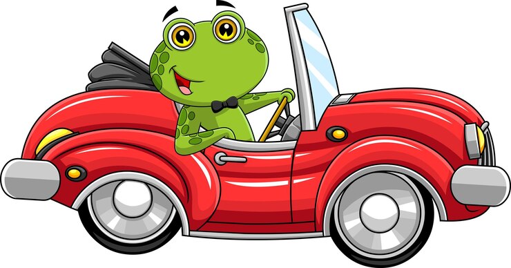 Vector lindo personaje de dibujos animados de rana verde conduce un coche deportivo rojo vector ilustración dibujada a mano