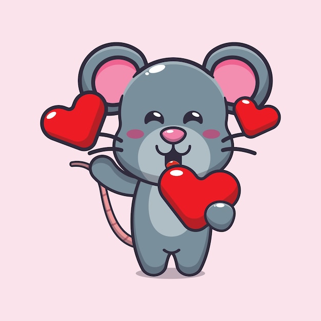 lindo personaje de dibujos animados de ratón con corazón de amor en el día de san valentín