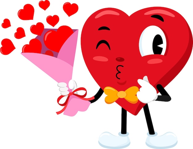 Vector el lindo personaje de dibujos animados red heart retro sostiene un ramo de regalos y envía besos.