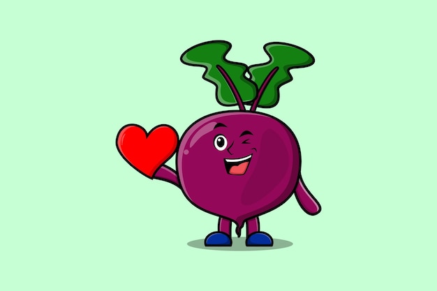 Lindo personaje de dibujos animados de remolacha con un gran corazón rojo en una ilustración de diseño de estilo moderno