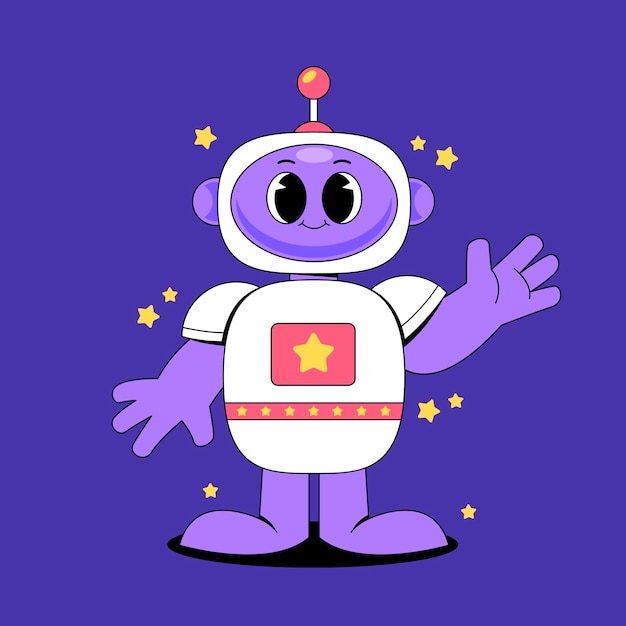 Lindo personaje de dibujos animados de robots retro en el espacio con estrellas