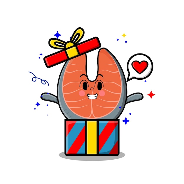 Lindo personaje de dibujos animados de salmón fresco que sale de una gran caja de regalo se ve tan feliz en dibujos animados planos