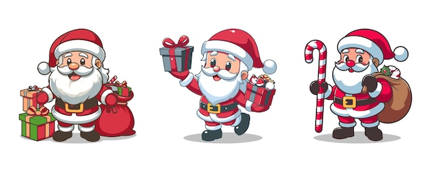 Lindo personaje de dibujos animados de Santa Claus con caja de regalos y bolsa de diseño vectorial Colección