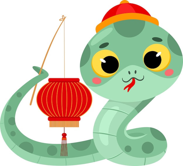 El lindo personaje de dibujos animados de la serpiente del Año Nuevo chino con linterna