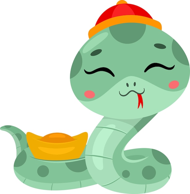 El lindo personaje de dibujos animados de la Serpiente del Año Nuevo Chino sosteniendo lingotes de oro
