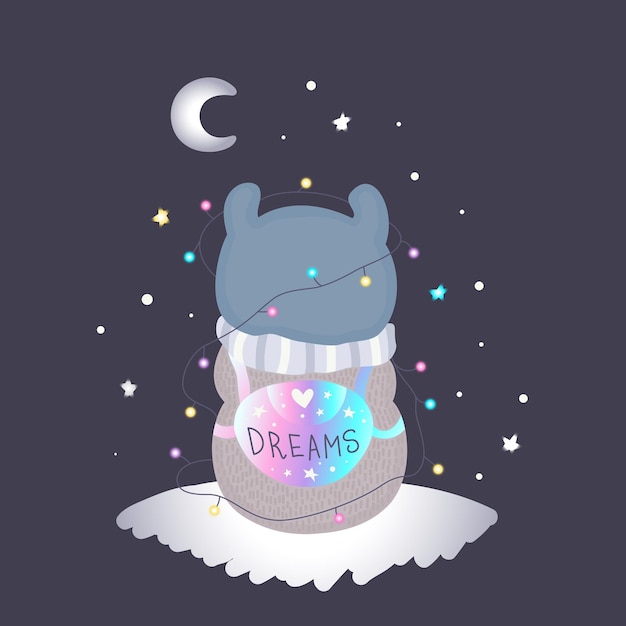 Lindo personaje de dibujos animados soñador mochila con un sueño nieve y guirnaldas luces arte de invierno