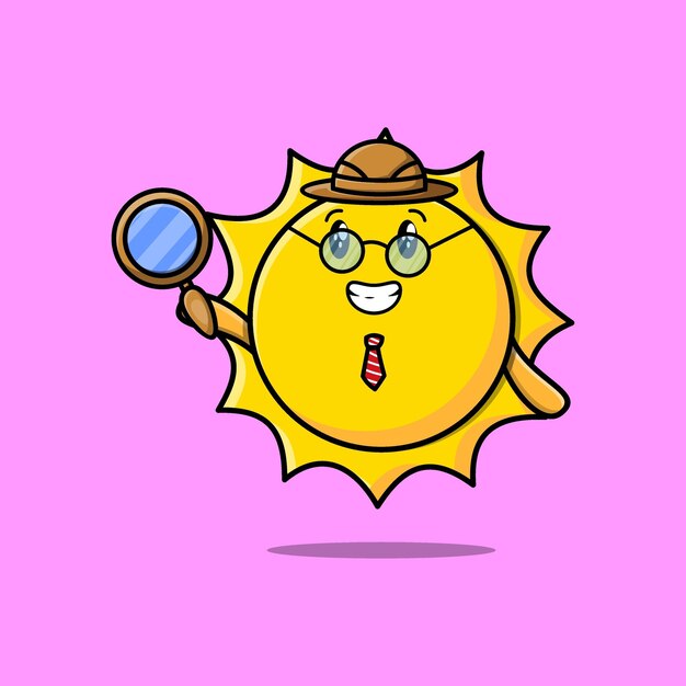 Lindo personaje de dibujos animados Sun detective está buscando con lupa y diseño de estilo lindo