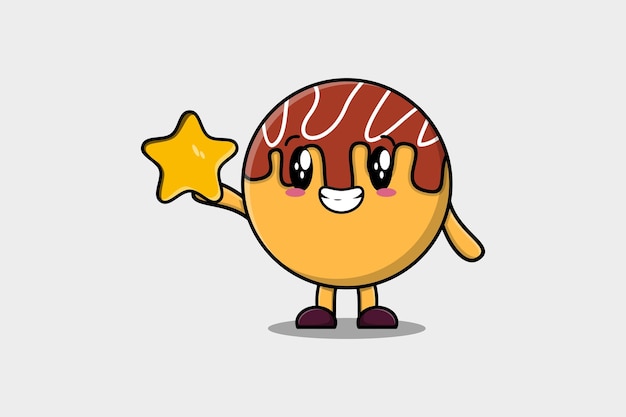 Lindo personaje de dibujos animados Takoyaki sosteniendo una gran estrella dorada en una linda ilustración de diseño de estilo moderno