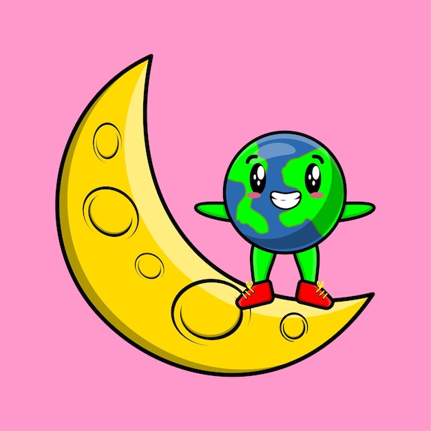 Lindo personaje de dibujos animados de la Tierra de pie en la luna creciente en un diseño moderno 3d