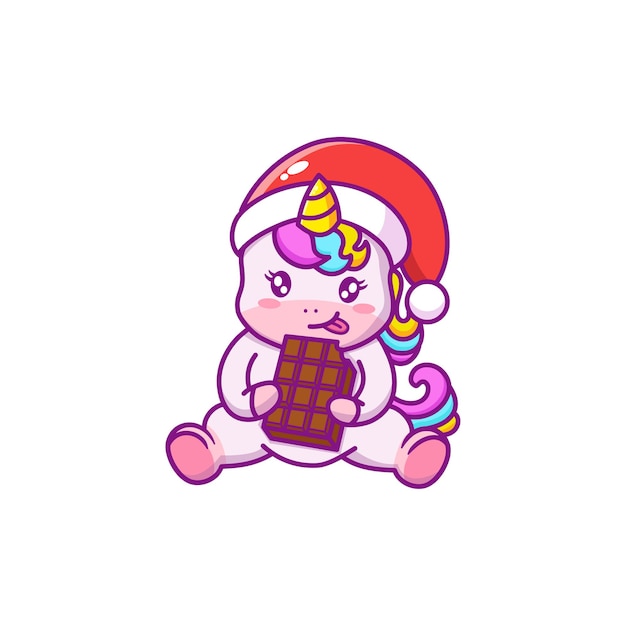 lindo personaje de dibujos animados unicornio comiendo chocolate