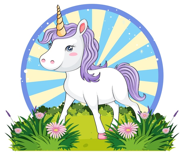 Lindo personaje de dibujos animados de unicornio con fondo cómico retro