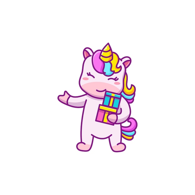 lindo personaje de dibujos animados de unicornio con regalos