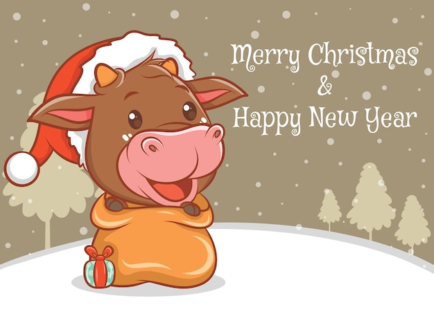 Vector lindo personaje de dibujos animados de vaca con feliz navidad y feliz año nuevo saludo banner