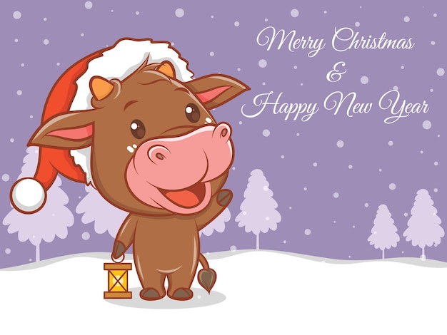 Vector lindo personaje de dibujos animados de vaca con feliz navidad y feliz año nuevo saludo banner