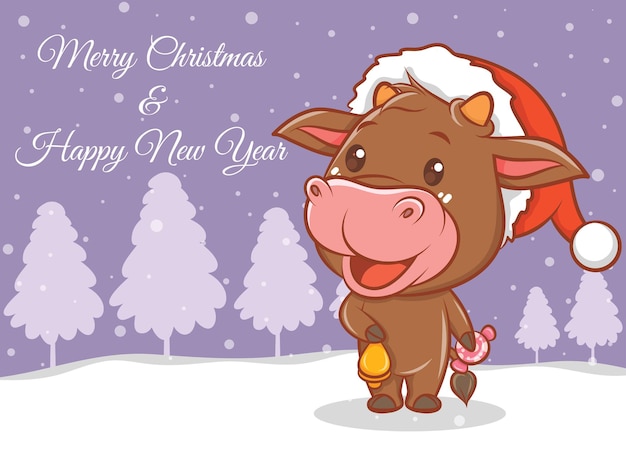 Vector lindo personaje de dibujos animados de vaca con feliz navidad y feliz año nuevo saludo banner