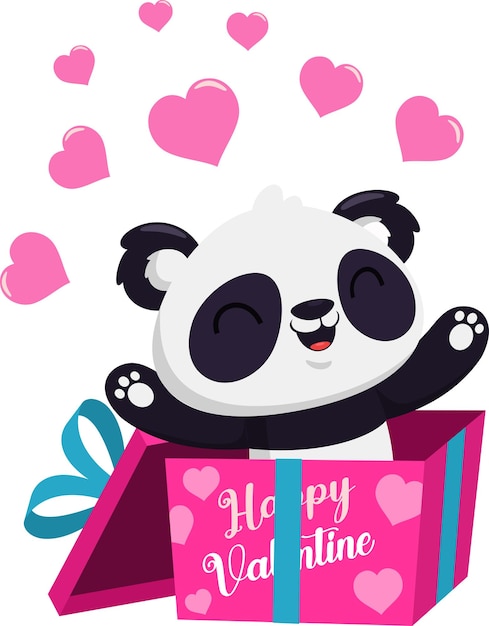 Vector el lindo personaje de dibujos animados de valentín panda sale de la caja de regalos con corazones rosados