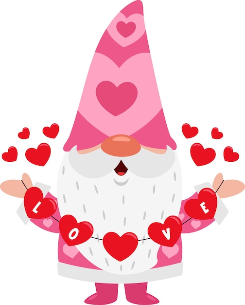 Vector el lindo personaje de dibujos animados de valentine gnome sostiene corazones con amor de texto