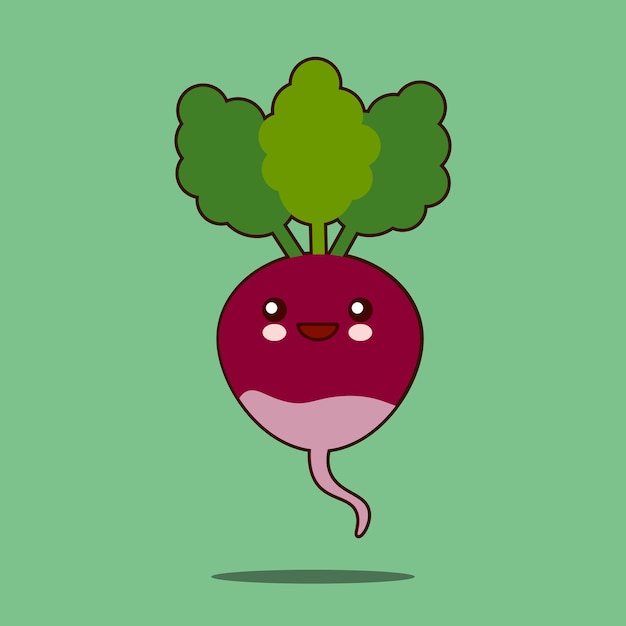 Lindo personaje de dibujos animados vegetales Remolacha con icono de hojas kawaii Cara sonriente Diseño plano Ilustración vectorial