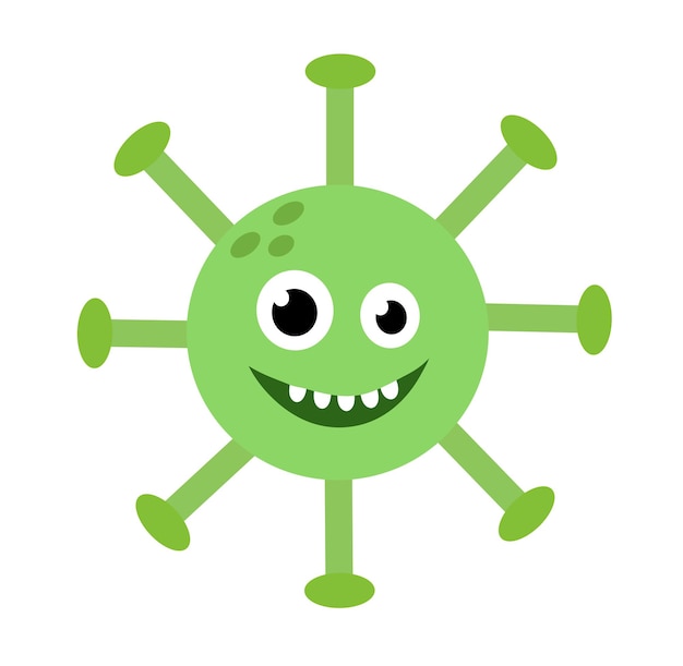 Lindo personaje de dibujos animados virus Microbiología organismo color verde y cara graciosa Mascota emoción plana