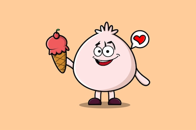 Lindo personaje de dim sum de dibujos animados sosteniendo un cono de helado en una ilustración moderna de estilo lindo