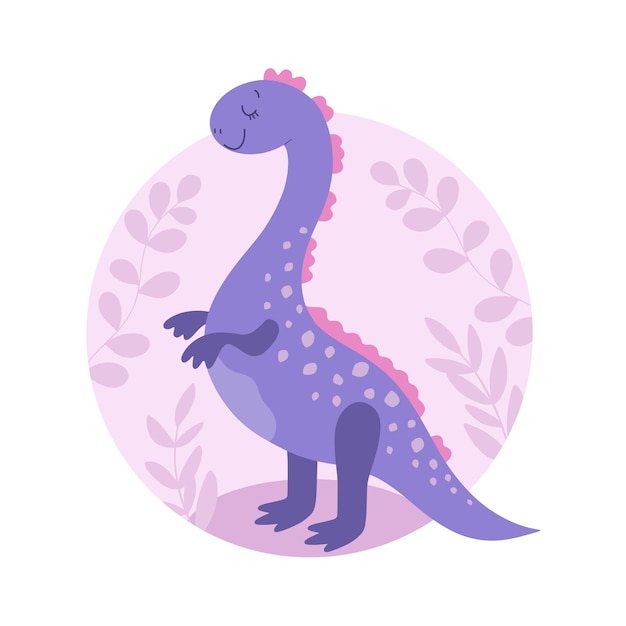 Lindo personaje de dinosaurio de dibujos animados para niños sobre un fondo de hojas Ilustración vectorial