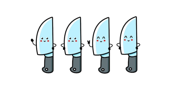 Lindo personaje divertido de cuchillo de chef de cocina con pregunta e idea Personaje de dibujos animados de línea plana vectorial