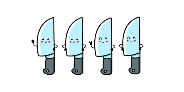 Vector lindo personaje divertido de cuchillo de chef de cocina con pregunta e idea personaje de dibujos animados de línea plana vectorial