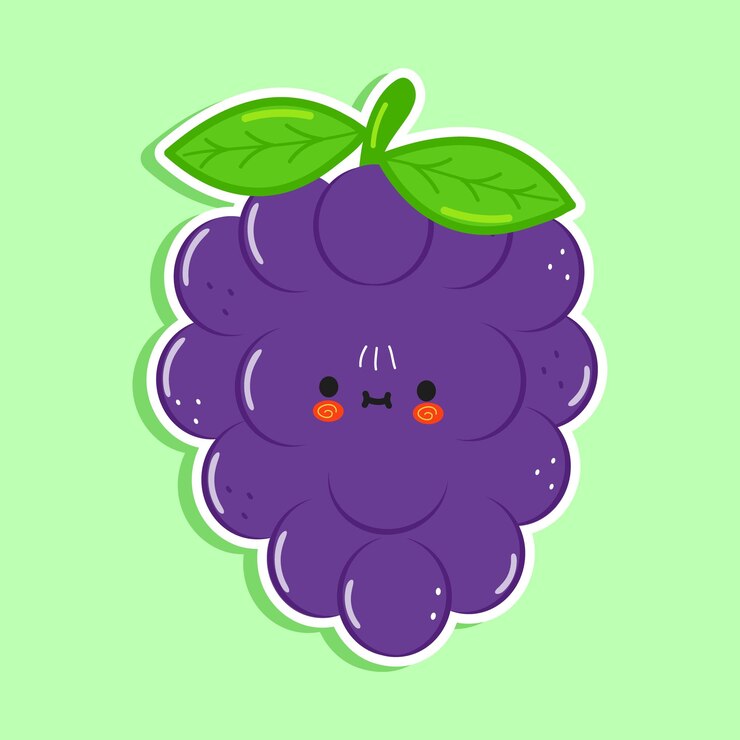 Vector lindo personaje divertido de la etiqueta engomada de la uva