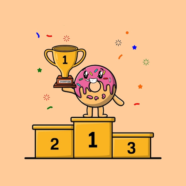 Lindo personaje de donas de dibujos animados como el primer ganador con expresión feliz en un diseño plano de estilo moderno