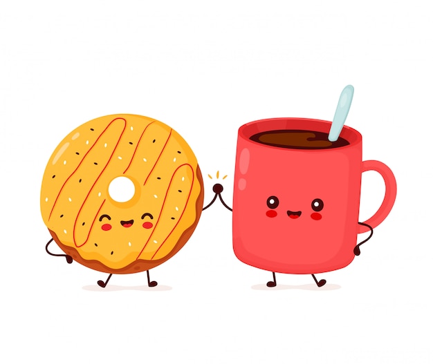 Lindo personaje donut feliz y taza de café. Aislado sobre fondo blanco