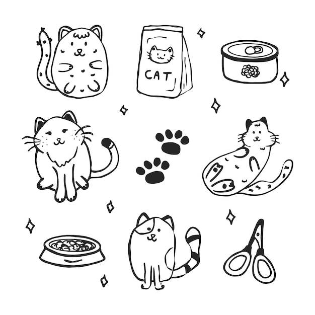 Lindo personaje doodle ilustración de gato Felinos comida para gatos patas de gato Dibujado a mano