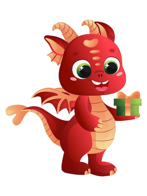 Lindo personaje dragón sosteniendo un regalo en su mano Símbolo del evento de Año Nuevo Dragón en dibujos animados
