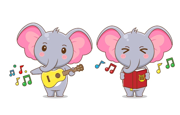 lindo personaje de elefante tocando música y cantando aislado.