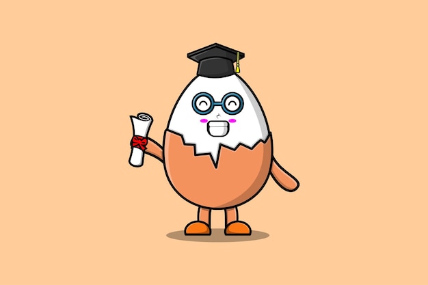Lindo personaje de estudiante de huevo hervido de dibujos animados en el día de la graduación con toga en concepto de estilo de dibujos animados plana