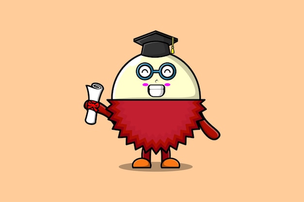 Lindo personaje de estudiante de Lychee de dibujos animados en el día de la graduación con toga en concepto de estilo de dibujos animados plana