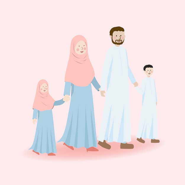 Lindo personaje de familia musulmana padre madre hijo e hija tomados de la mano juntos